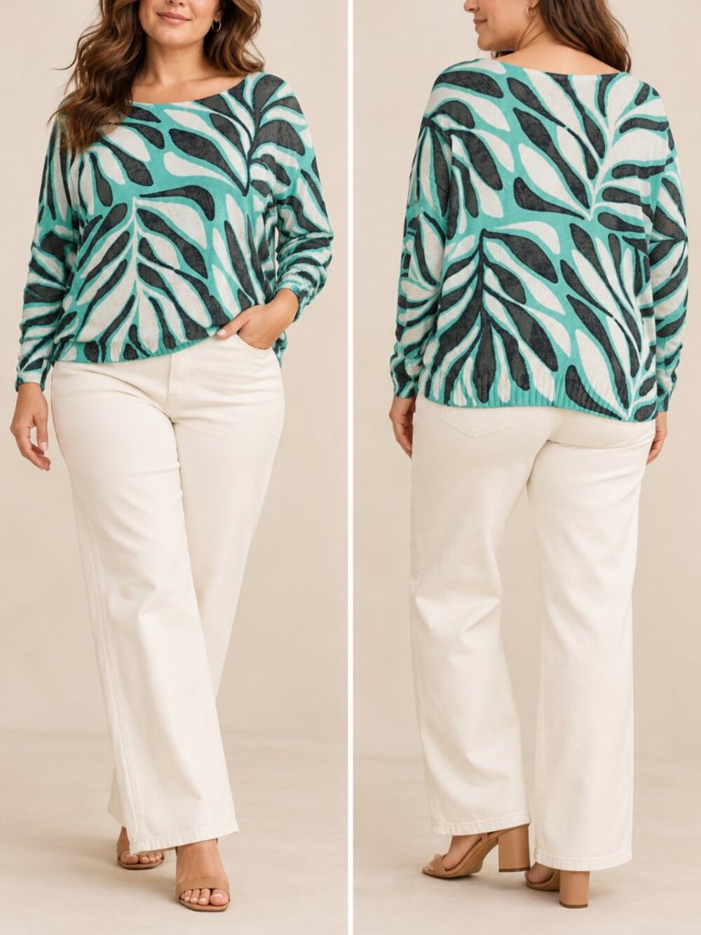 Nic + Zoe Abstract Leaf Print Cotton Blend Pullover Sweater Size L